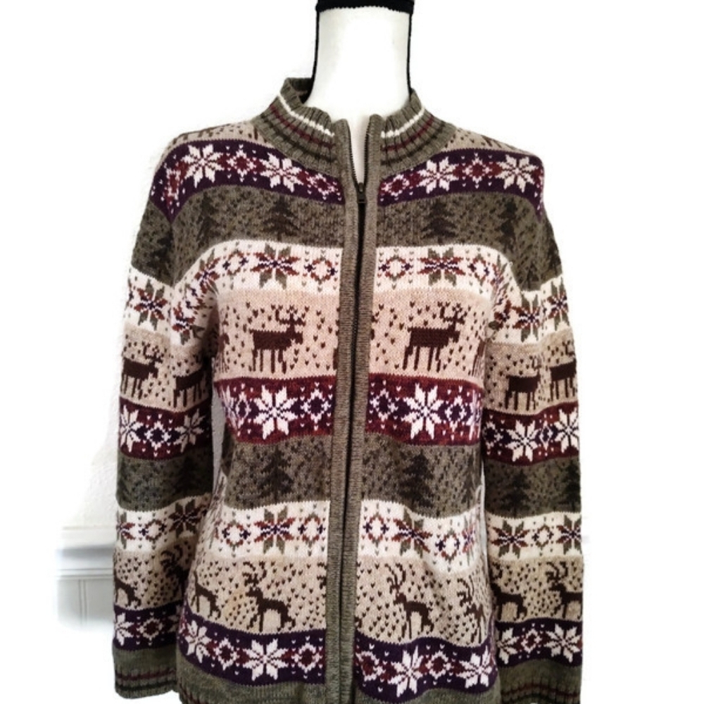 Vintage Womens Zip Up CardiganNordic Cabincore Moose Design Size Small Medium - Picture 3 of 3